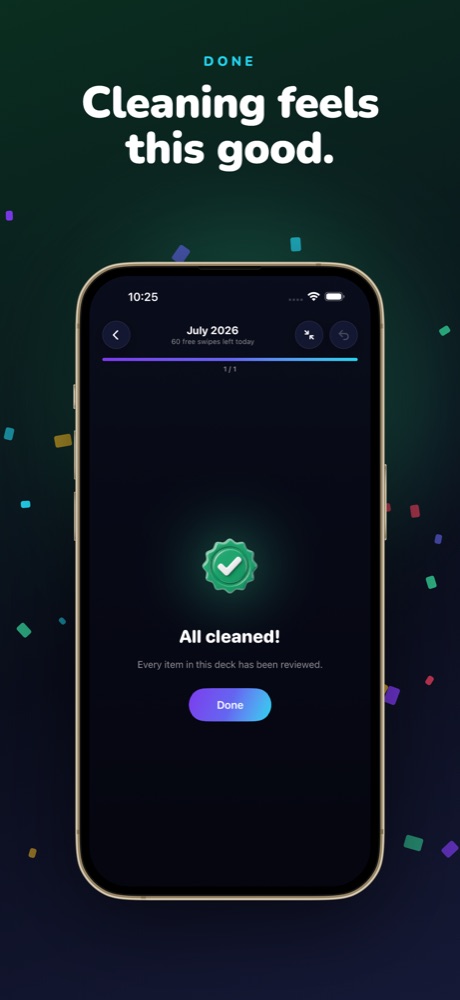 Celebration screen after cleaning a month of photos in Sift