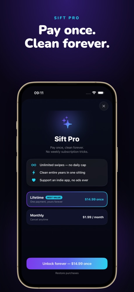 Sift Pro one-time lifetime purchase — pay once, clean forever